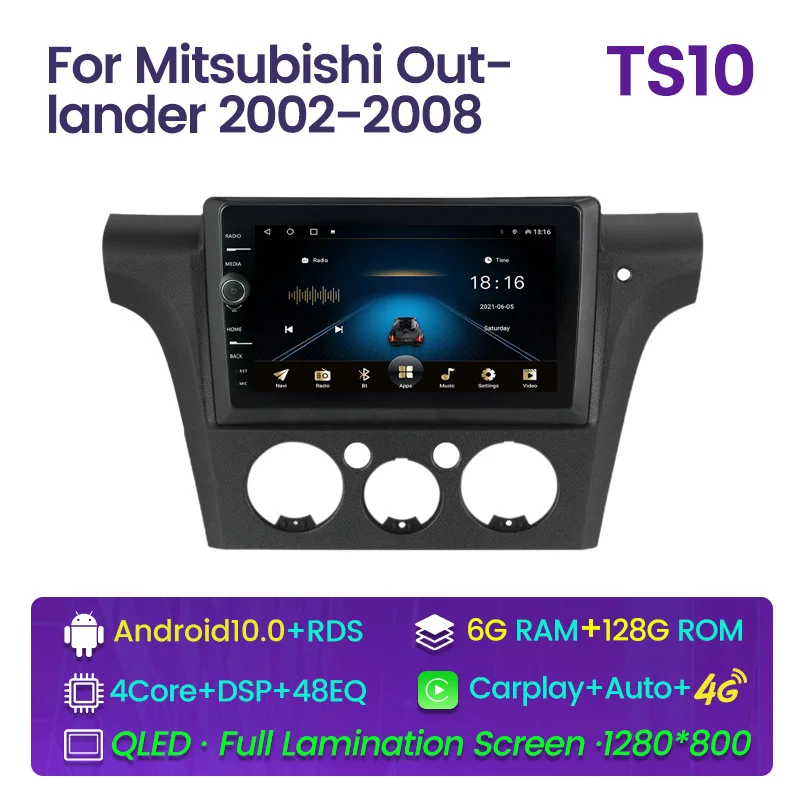 

10-дюймовый автомобильный радиоприемник Android 10, Авторадио, стереоплеер для Mitsubishi Outlander 2002-2008, головное устройство с GPS-навигацией, QLED Carplay