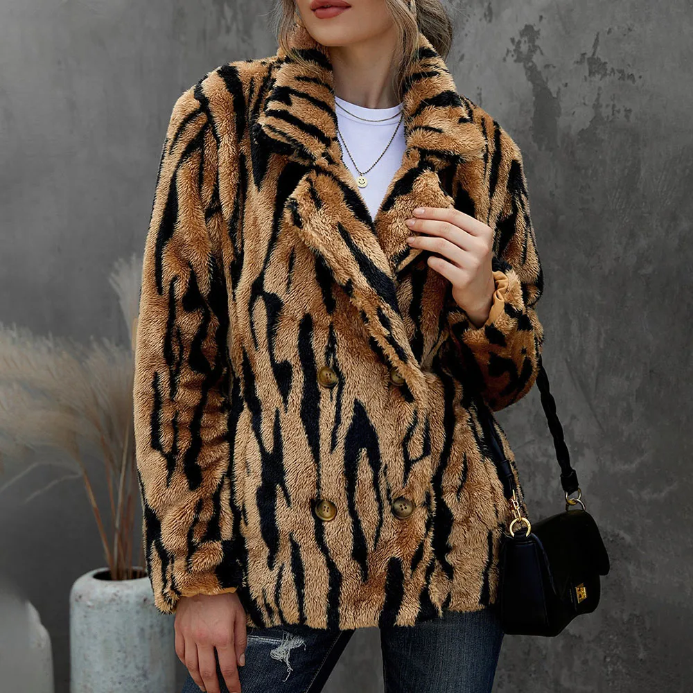 

2021 Autumn Winter Plush Jacket Animal Pattern Printing Double Breasted Thicken Warm Long Sleeve Casual Women Coat