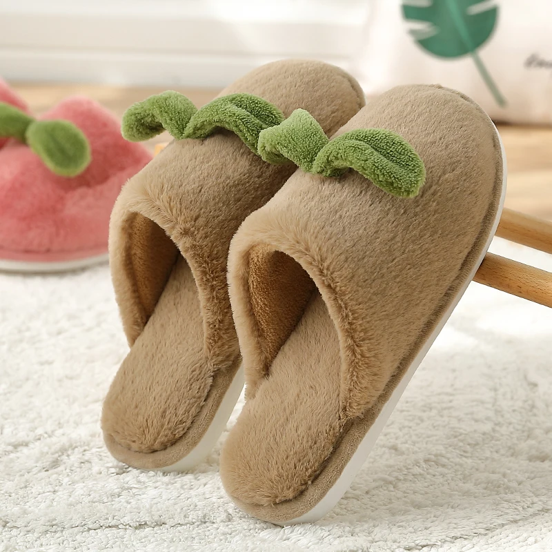 

Women Cartoon Cute Bowknot Plant Indoor Slippers Warm Plush Home Slippers Anti-slip Soft Sole Lovers Winter Fur Shoes Slides