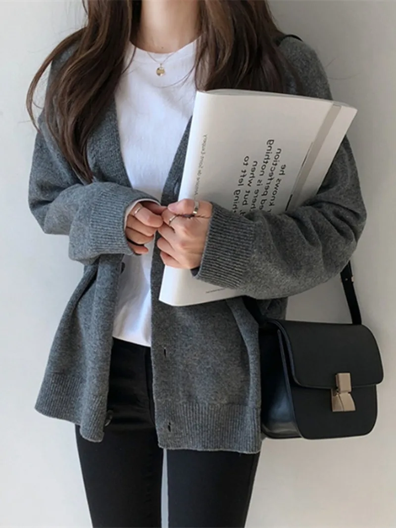 Свободный вязаный кардиган для женщин Модный повседневный женский свитер с V