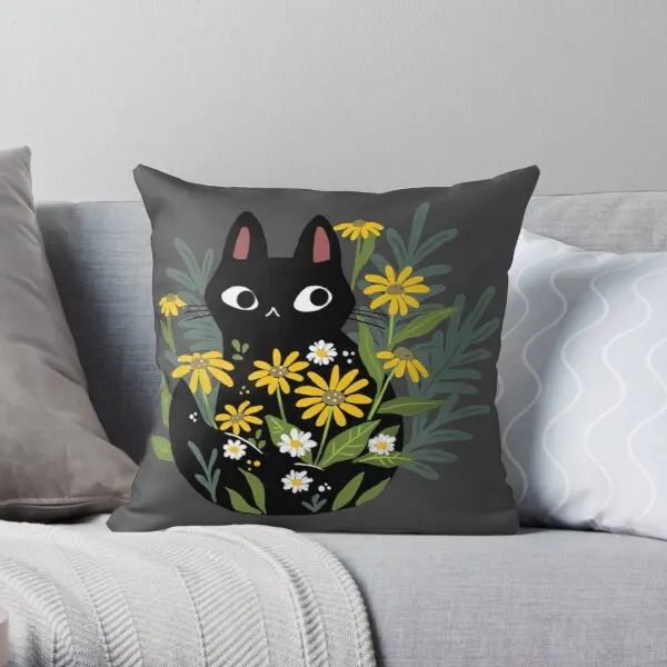 

Black cat with flowers Soft Decorative Throw Pillow Cover for Home Pillows NOT Included