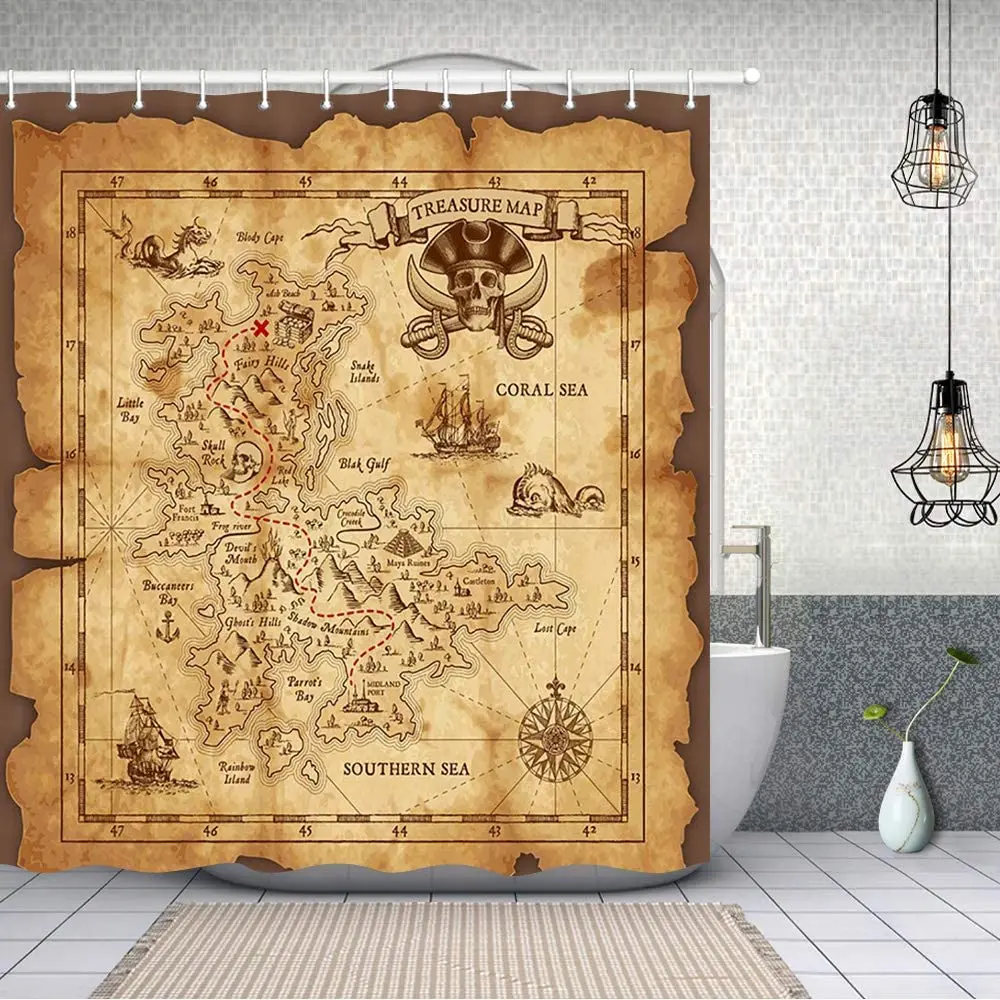 

Island Vintage Old Map Pirate Ship Bath Curtain Ocean Ancient Pirate Treasure Map Shower Curtains Fantastic Decorations