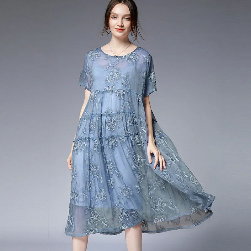 

Embroidered dress 2021 summer new plus size women's dress, slim temperament mid-length skirt suit