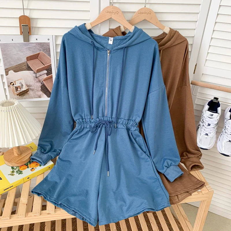 Модные комбинезоны на молнии с воротником капюшоном и длинными рукавами