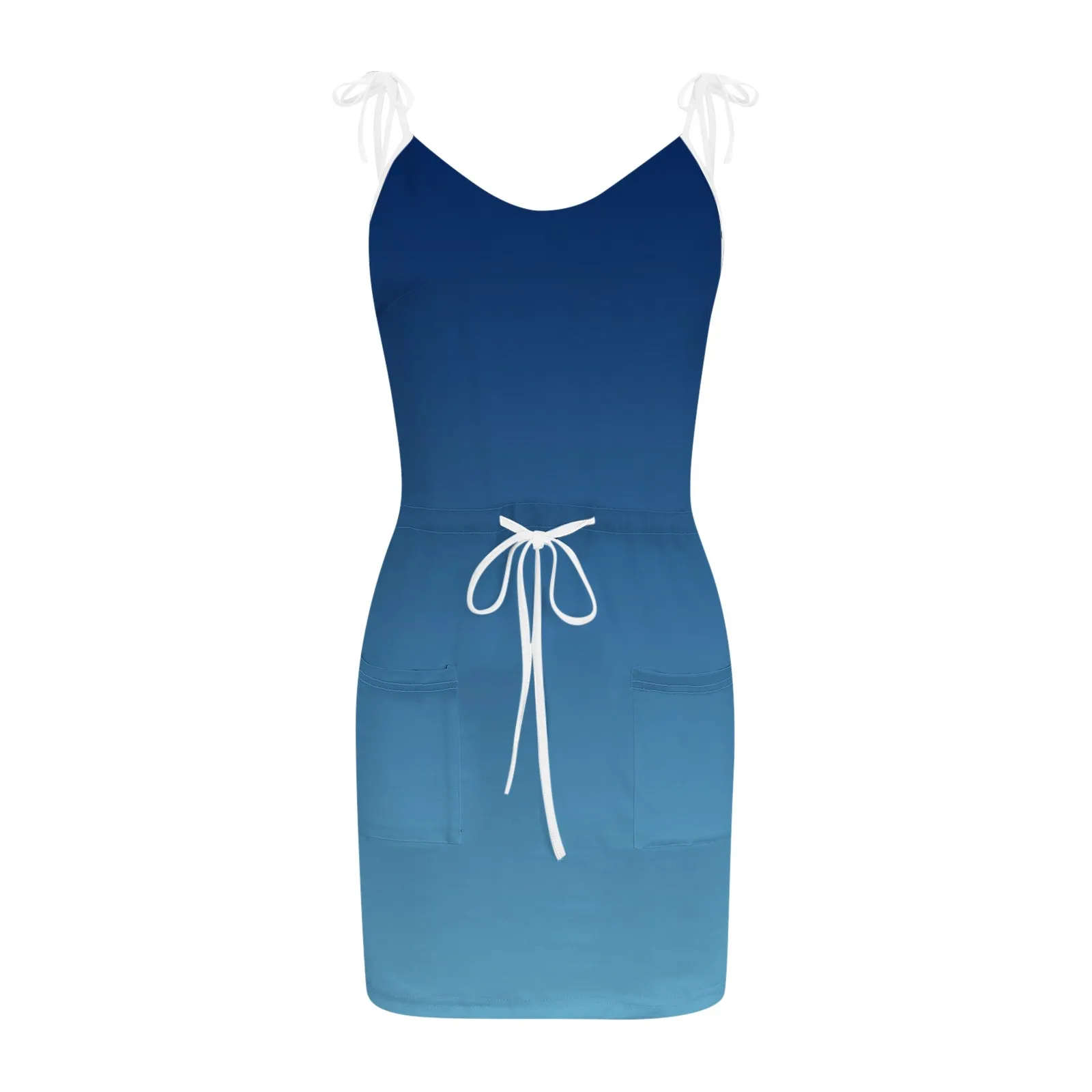 

Women Summer Dress Casual Drawstring Gradient Color V-neck Sleeveless Mini Dresses With Pockets Loose Beach Dress Vestidos Robe
