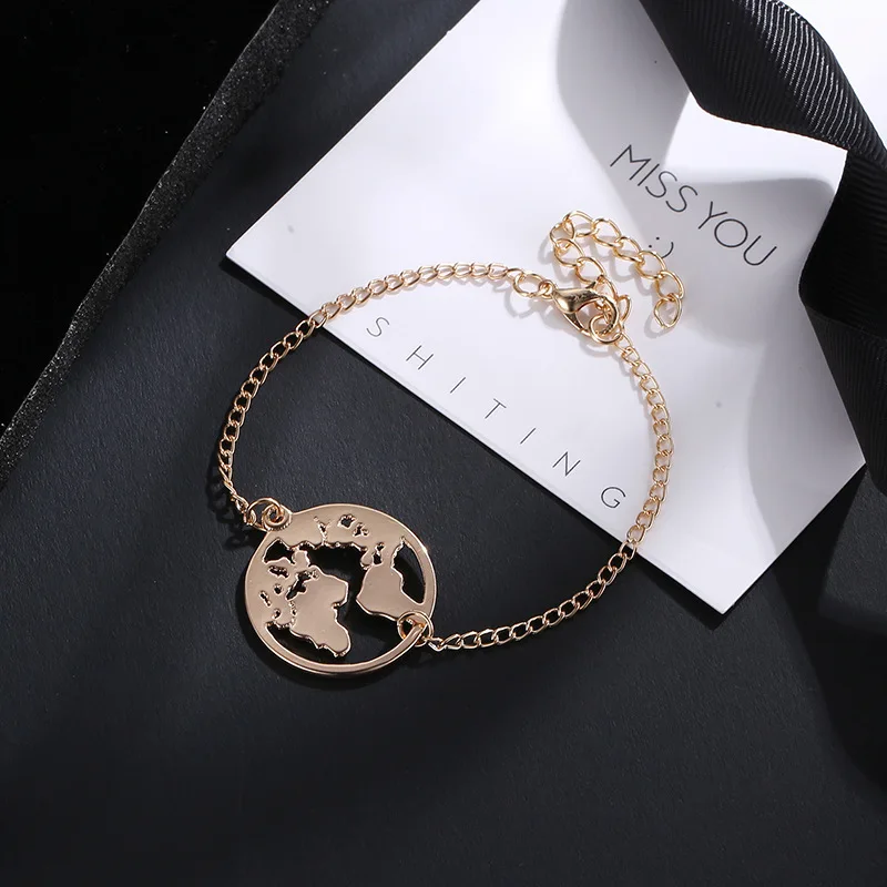 Fashion Link Chain Bracelet Map Charm Female Jewelry Friendship Gold Silver Color Black Globe World | Украшения и аксессуары