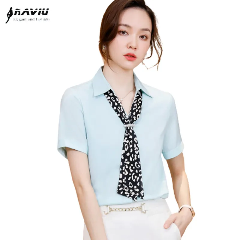 

Naviu 2021 New Fashion Scraf Design Women Blouses Short Sleeve Chiffon Shirt For Office Lady Style Formal Summer Wear