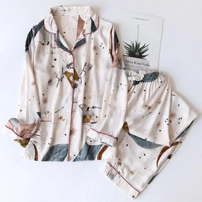 Женский пижамный комплект хлопковая одежда для сна с принтом звезд и листьев