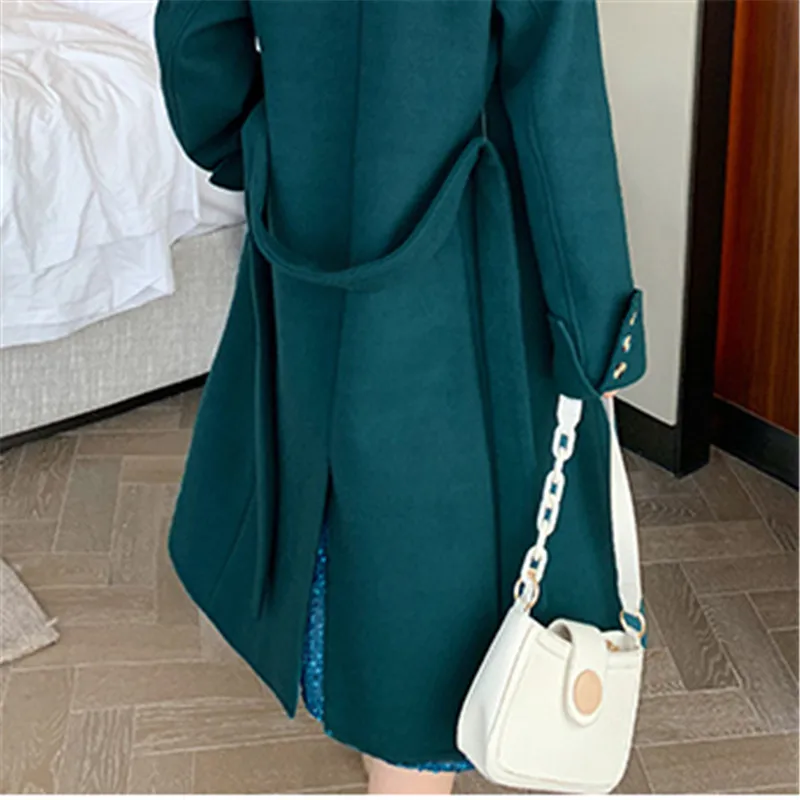 

Sungtin Loose OL Wool Jackets Female with Belt Lapel Oversize Blends Green Button Chic Women Sashes Winter Thicken Long Coats