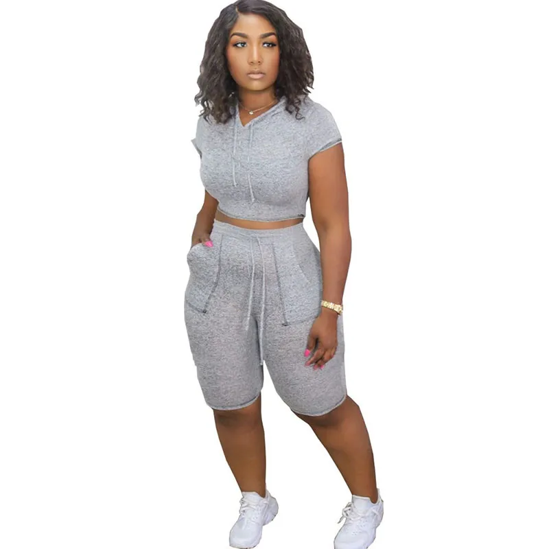 

Cotton Two Piece Set Tracksuit for Women Clothing Summer Hoodies Crop Top and Knee-length Biker Shorts Casual Matching Sets