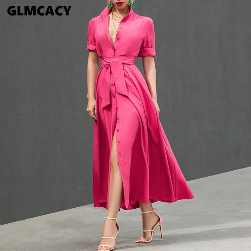 Женское однобортное платье на пуговицах с длинным рукавом и поясом повседневное