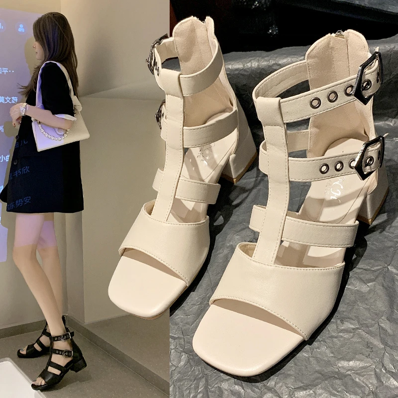 

2021 Summer Fashion Roman Shoes Temperament Square Heel Zipper Female Sandals