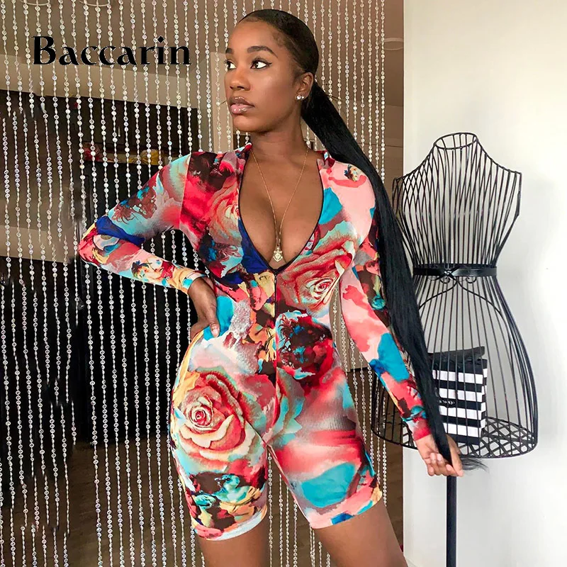 

Baccarin Tie Dye Floral Print Women Zipper Playsuit Long Sleeve Bodycon Sexy Streetwear Stretchy Combishort Autumn Winter Sporty