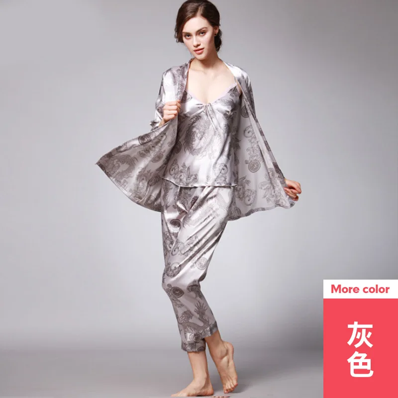 

Dragon pattern Satin Lace Pajamas Sets Womens 3PC Strap Top Pants Suit Sleepwear Spring Autumn Homewear Nightwear Bath Gown