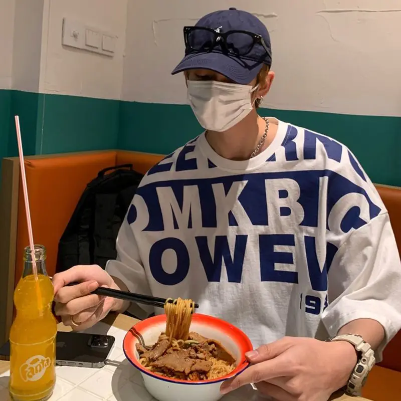 

Letter printed t-shirt men's short-sleeved t-shirts 2021 summer new Korean high street hip-hop style loose casual preppy clothes