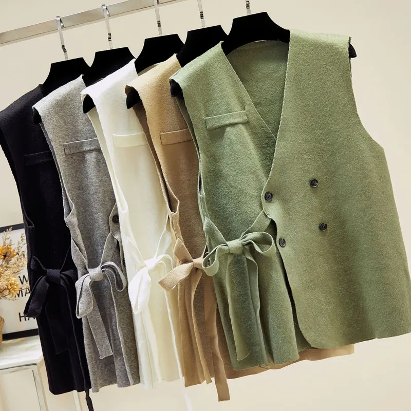 Женский вязаный жилет с бантом двубортный свободный свитер в Корейском стиле