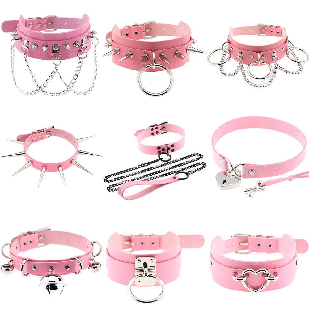 

Gothic Harajuku Pink Leather Choker Necklaces for Women 2021 New Fashion Korean Chains on The Neck Egirls Goth Necklace Jewelry