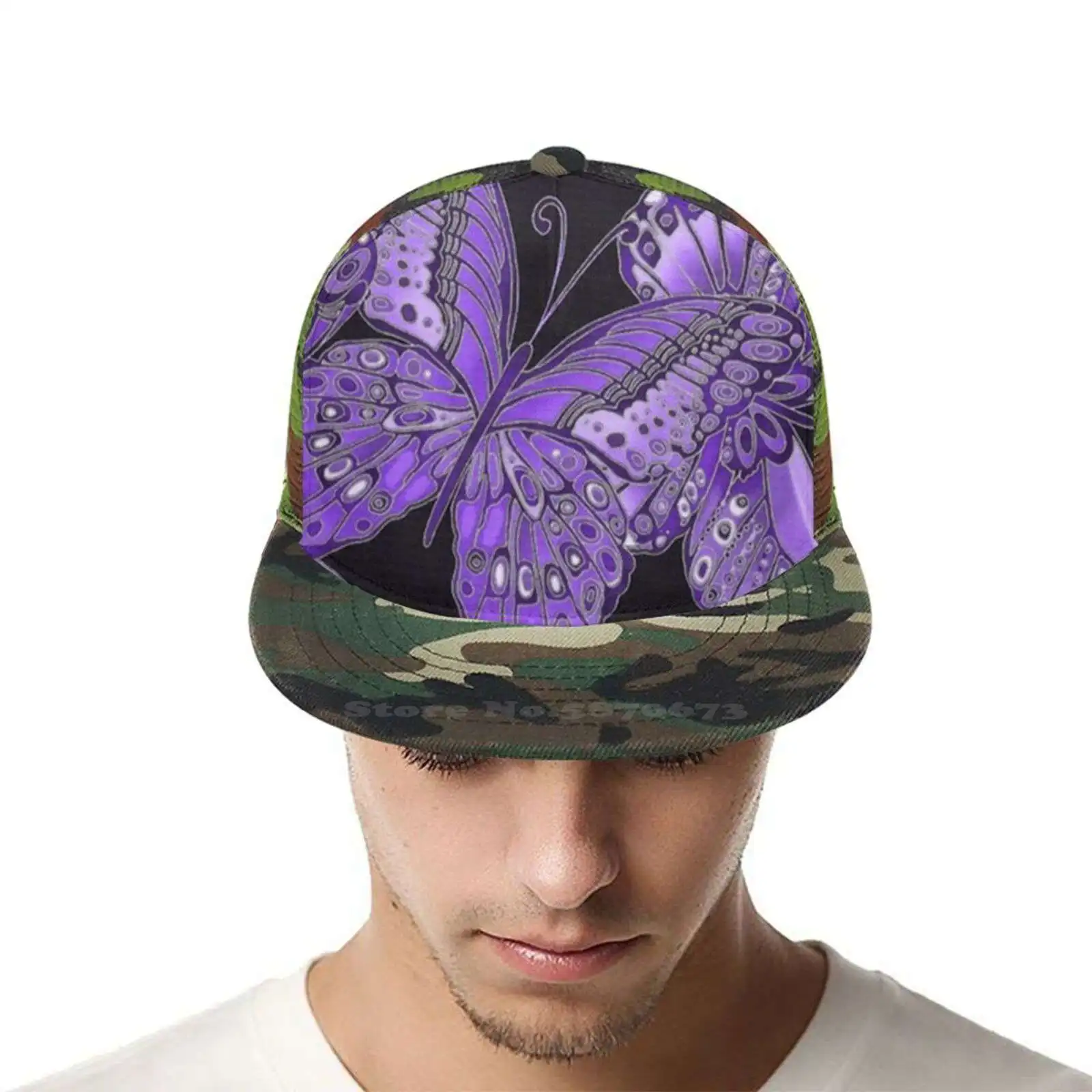 Модная шапка в стиле милитари с фиолетовыми и черными бабочками черная серая