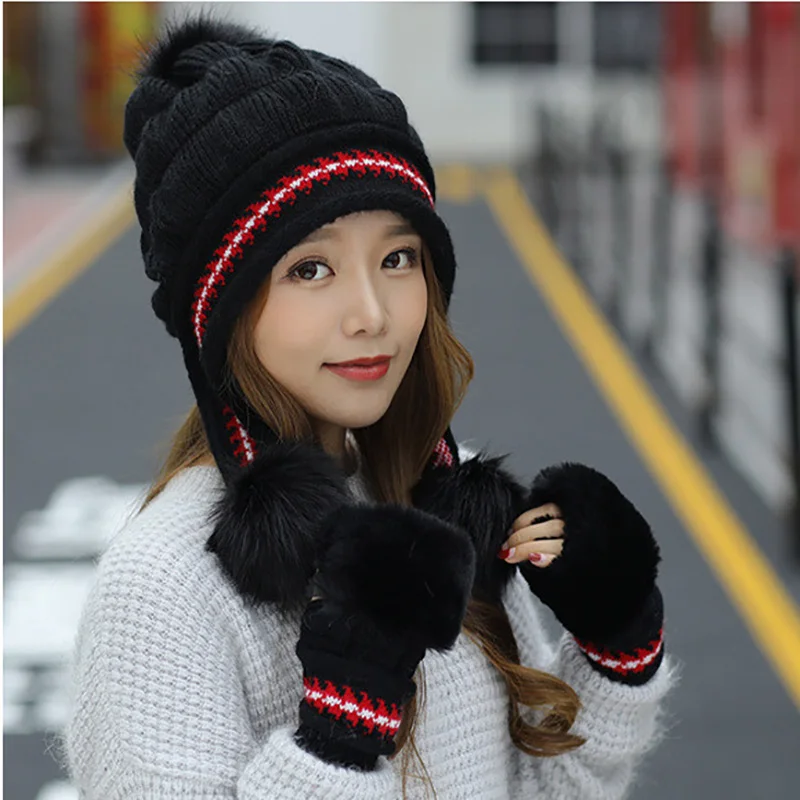 3pcs/set Girls Thicken Ski Snow Cap New Fashion Fur PomPoms Winter Women Beanie Hats Female Skullies Warm Gloves + Knit Hat Set