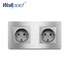 Розетка настенная электрическая Schuko, серебристая, металлическая, двойная, 16 А, 172*86 мм