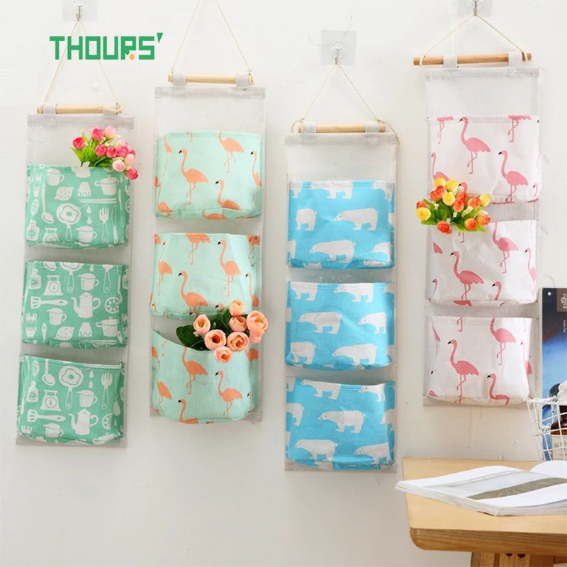 

Thours 3-Pockets Over The Door Organizer Wall Closet Hanging Storage Bag Multilayer Linen Fabric Pouch Debris Organizer Bag
