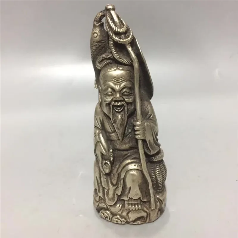 

Chinese Handicraft Tibetan Silver Sculpture Fisherman Fishing Bronze Statue Longevity Elderly Home Decoration Health Gift