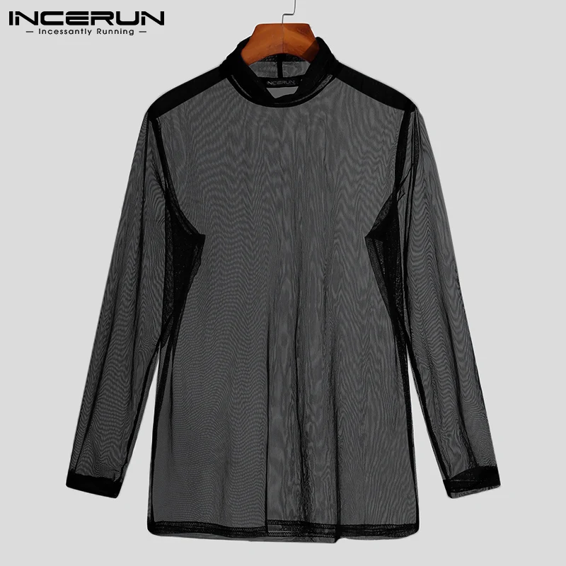 

INCERUN Tops 2021 Casual Well Fitting Men's Camiseta Sexy Fashion Mesh Long Sleeve Party Show Male Pullover Bottoming Tees S-5XL