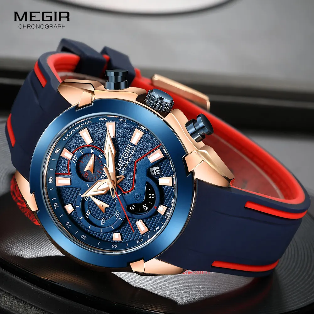 

MEGIR Silicone Strap Sport Watches for Men Fashion Blue Quartz Wristwatch Chronograph Waterproof Watch relogio часы reloj Montre