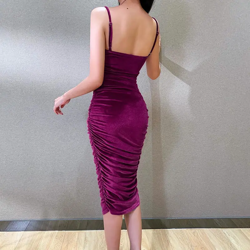 

Spaghetti Strap Velvet Ruched Midi Dress Women Sexy Backless Bodycon Party Dress Pleated Stretch Solid Club Dress Bodycon Dress