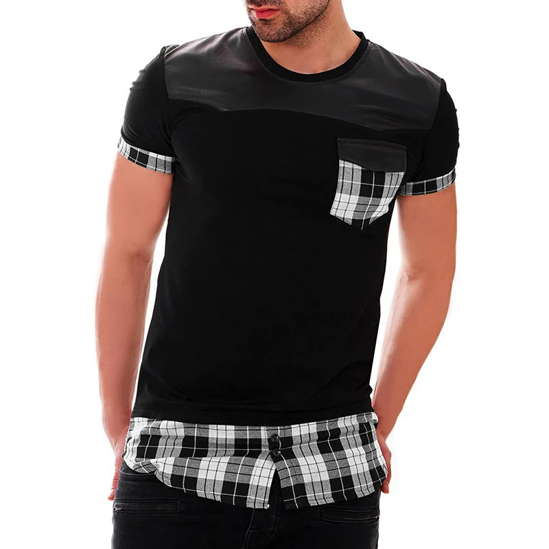 IceLion 2021 Summer Plaid Patchwork T Shirt Men Fashion Fake Two Pieces T-shirt Casual Tops Men's Short Sleeve Slim Fit Tshirt | Мужская