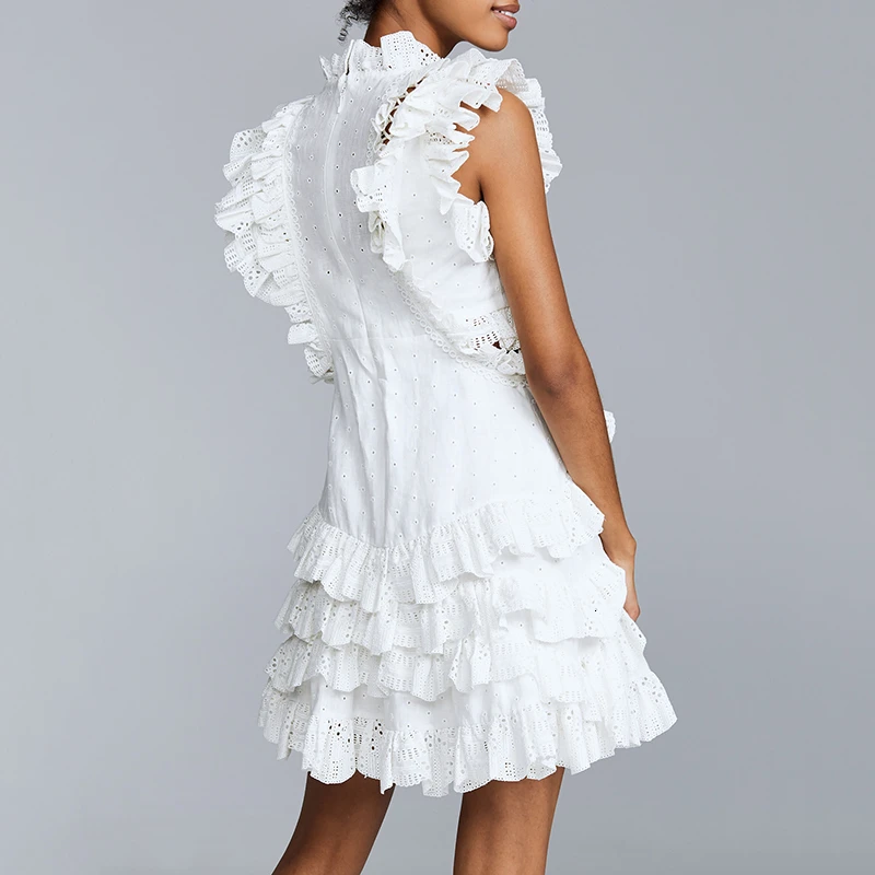 CHICEVER Hollow Out Lace Ruffle Dresses Women O Neck Sleeveless High Waist A Line Mini Dress Female 2020 Korean Fashion New | Женская