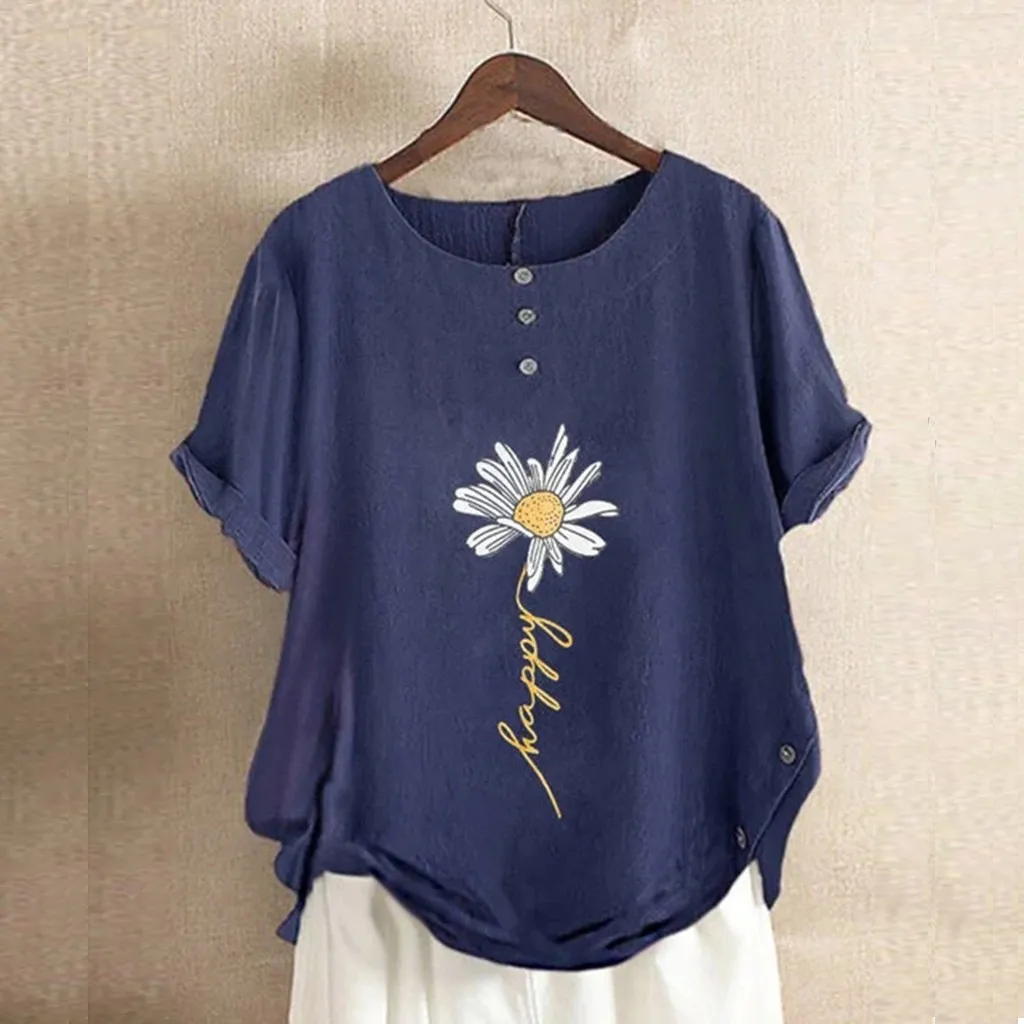 Женская блузка женская с коротким рукавом синяя Повседневная цветочным принтом