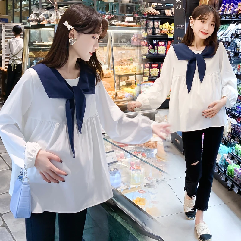 

Блузка хлопковая белая свободная для беременных, осень 9698 #