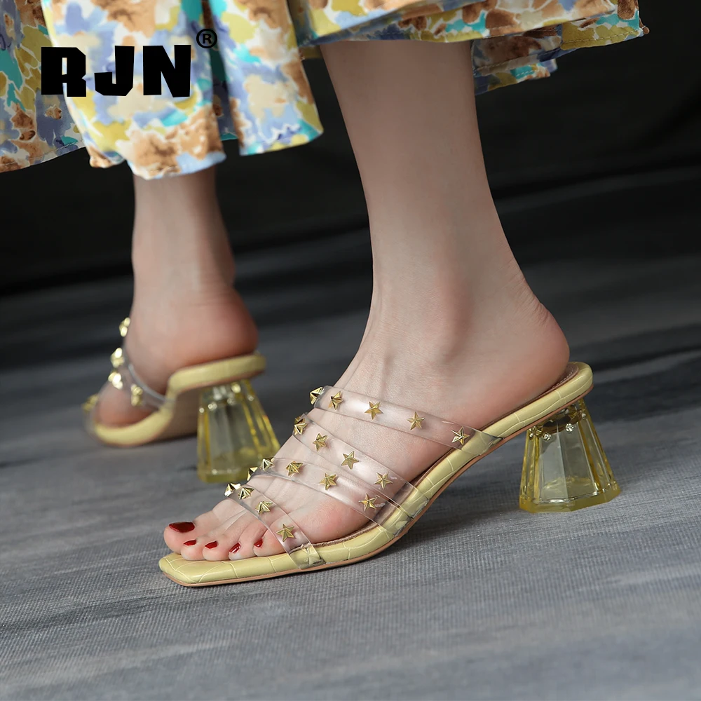 

RJN Sandals Women Shoes 2021 Summer New Sweet Stylish Flower Strange Heel Transparent Star Sexy Square Toe Red 2021 RL91