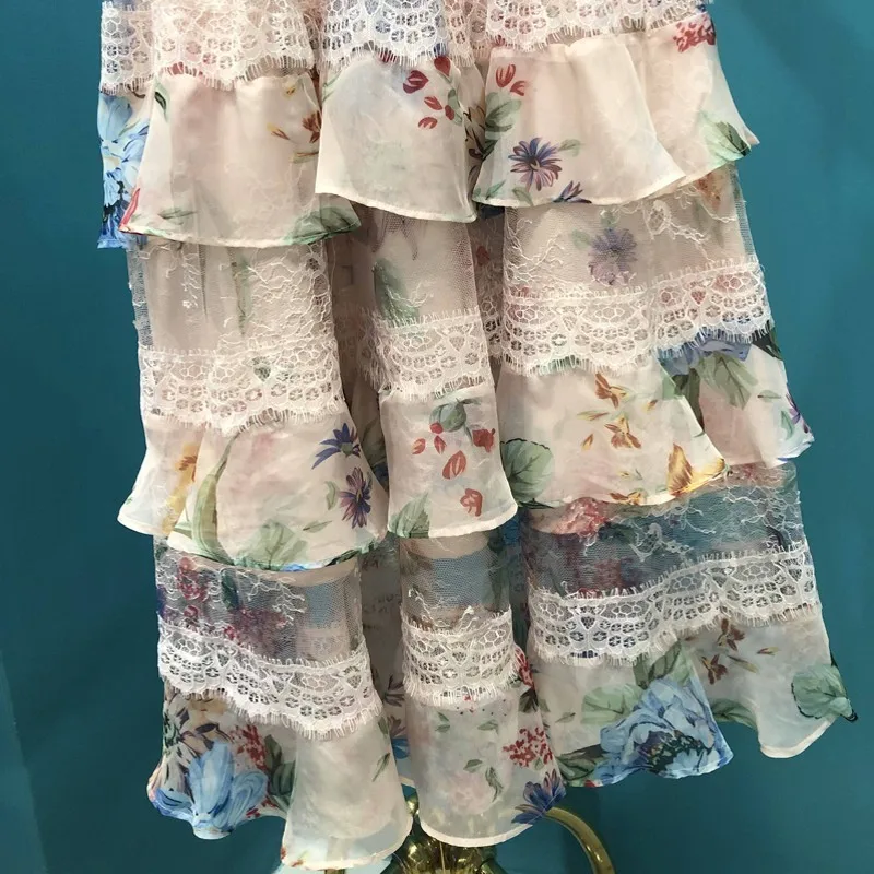 

New Design Womens Summer Lace Patchwork Floral Printed Sleeveless Ruffles Dresses High Waist Slim Fit Layered Princess Dresses