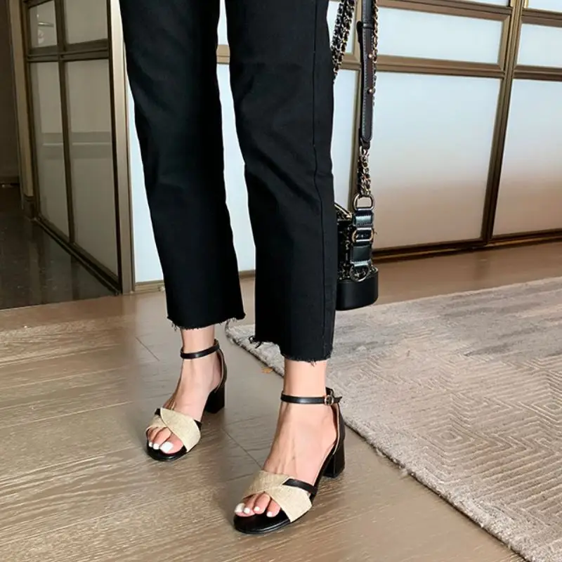

RIZABINA Women Sandals Shoes New Design Patchwork Shoes Women Fashion Metal Buckle Thick High Heels Casual Footwear Size 30-43