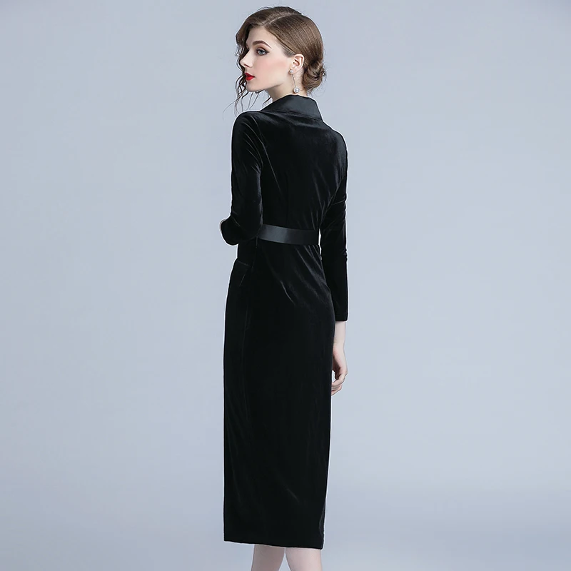 

High Quality Women Velvet Patchwork Long Sleeve Dress Autumn Winter Double-Breasted Bodycon Slim Notched Pencil Dress With Belt