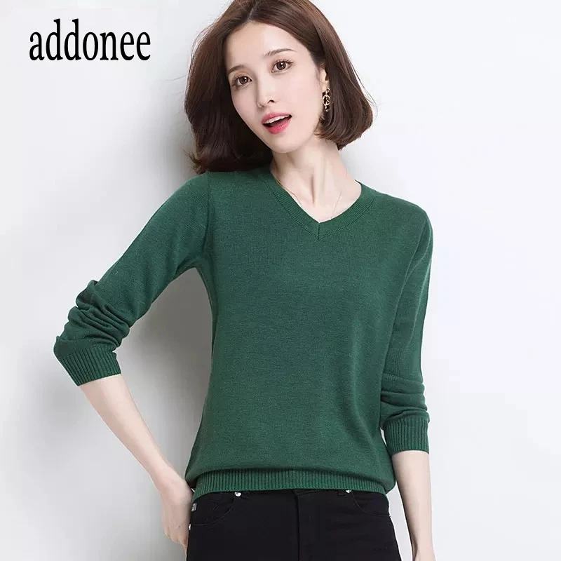 Loose Pure Colors European Style V-Neck Pullover Sweater Women Female Fashion Base Knitted Cashmere Wool High Quality | Женская одежда