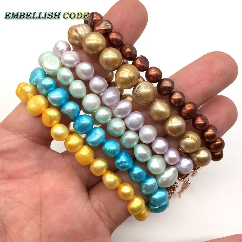 7-8mm 5cm Extend chainSmall Baroque Bracelet Potato Shape Cultured Pearls Sky Blue Yellow Brown Light Purple khaki Gift Girl