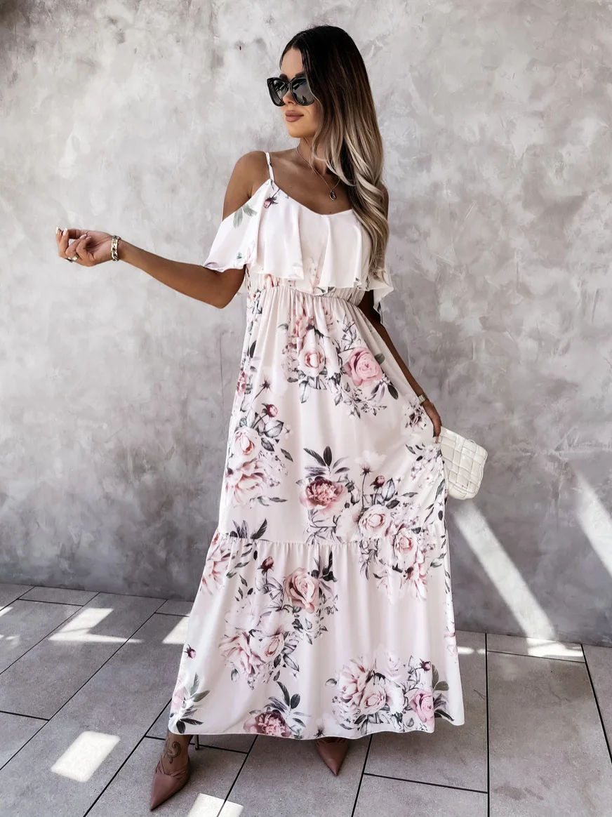 

Summer Bohemian Retro Floral Print Off-Shoulder Long Strapless Beach Dress V-neck Ruffled Slim Elegant Dress Evening Dress 2021