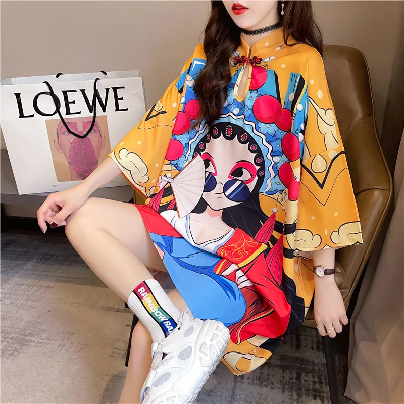 

Kywommnz Chinese-Style Three Quarter Dress Women Oversized Loose Cartoon Print T-shirt Skirt Summer 2021 E2450