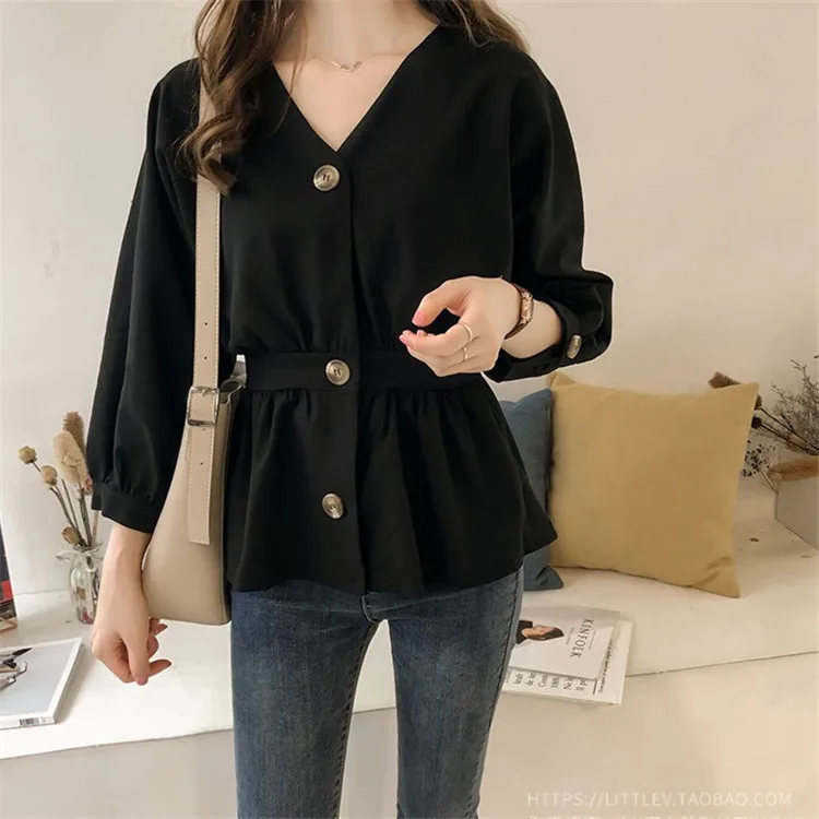 2020 Ранняя весна женская новая темпераментная тонкая рубашка с v образным вырезом