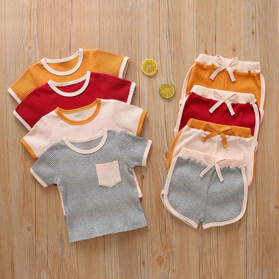 

Kids Outfits Children Girl Rib Clothing Set Toddler Baby Boys Girls Suits 2021 Summer Newborn T-Shirts Tops+Shorts Tracksuits