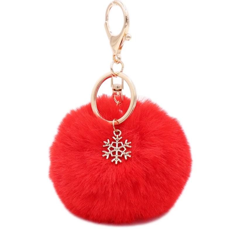 

2021 New Pom Pom Keychain with Snowflake Pendant Charms Furry Fluffy Plush Ball Keyring