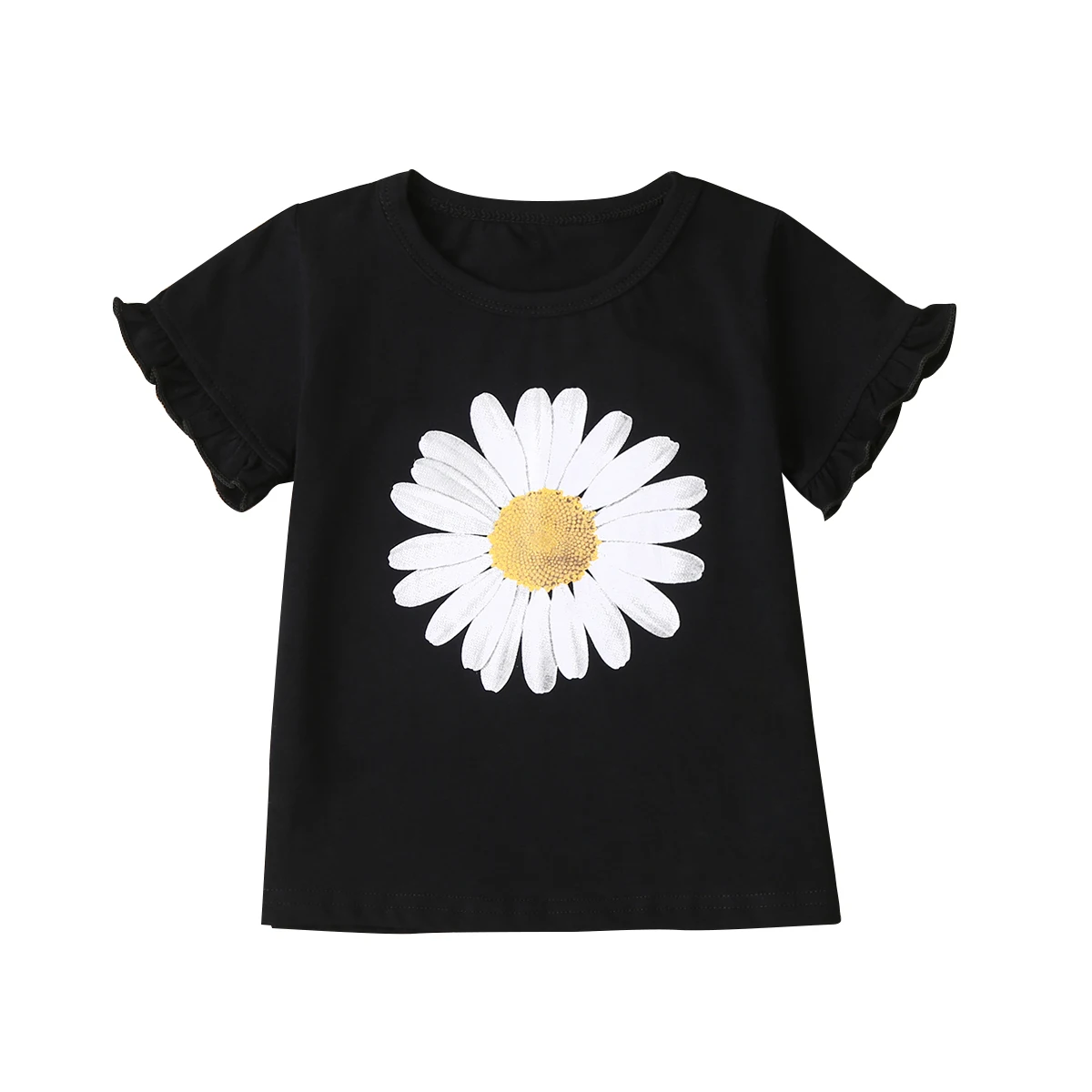 

Модная летняя футболка для маленьких девочек, креативный кружевной топ с круглым вырезом и принтом маргариток, повседневная детская одежда