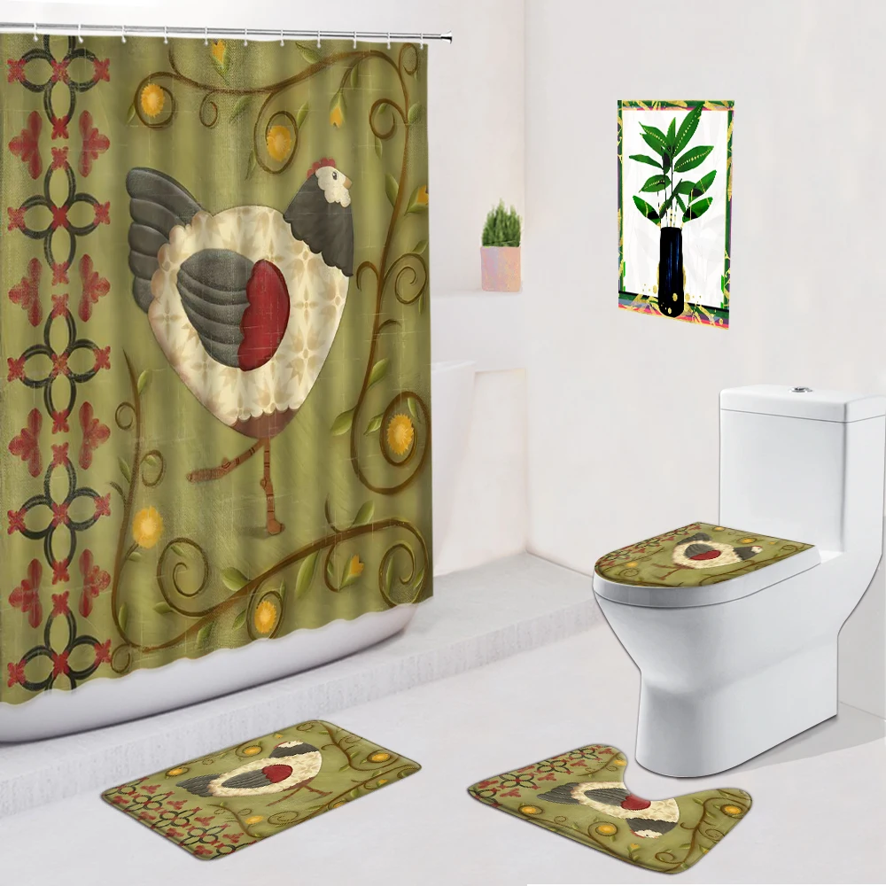 

Chicken Shower Curtain Farm Rural Poultry Animal Pattern Bathroom Decor Non-Slip Carpet Bath Mat Toilet Cover Pad Footmat Set