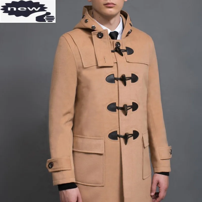 

Preppy Style Mens Fashion Claw Button Mid Long Coat Woolen Blends Hoody Dust Coats Casual Slim Fit Male Wool Trench Overcoat 6XL