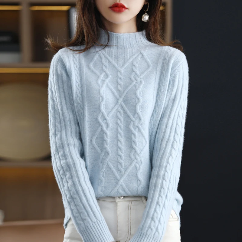 Autumn And Winter New Woolen Sweater Women Half High Neck Jacquard Pure Color Sweater Pullover Knit Top Long Sleeves All-Match