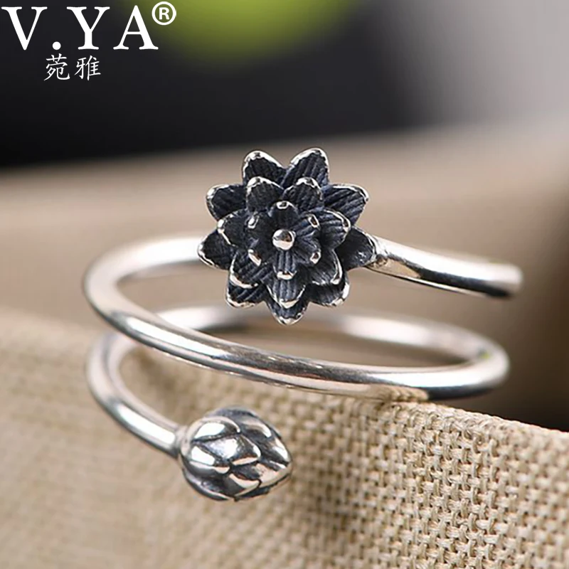 V. YA 925 стерлингового серебра Vintager кольца обмотки формы цветок лотоса Открытые