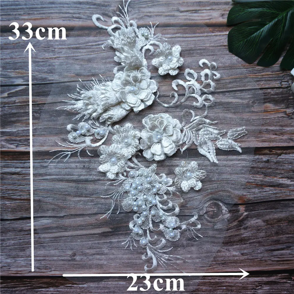 Вышитый белый цветок кружевной ткани с бусинами Аппликации отделка воротника